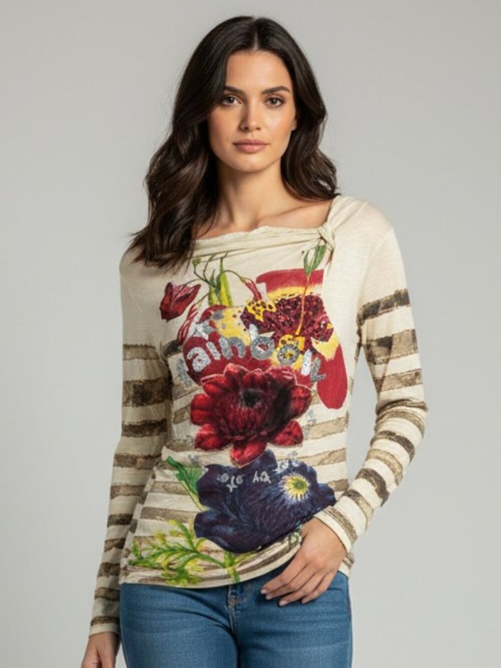 Desigual Floral Graphic Embellished Top Boho Artsy Long Sleeve Size S